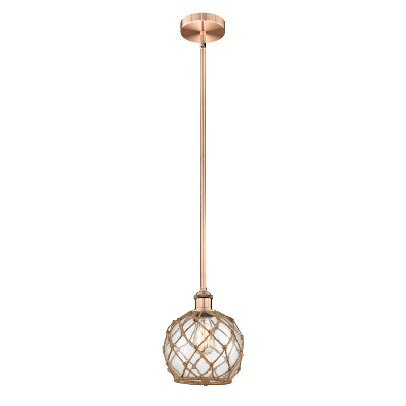 Innovations Farmhouse Rope 8in 1-Light Mini Pendant | Industrial Antique Copper Steel and Clear Glass with Brown Rope | Model 616-1S-AC-G122-8RB-LED