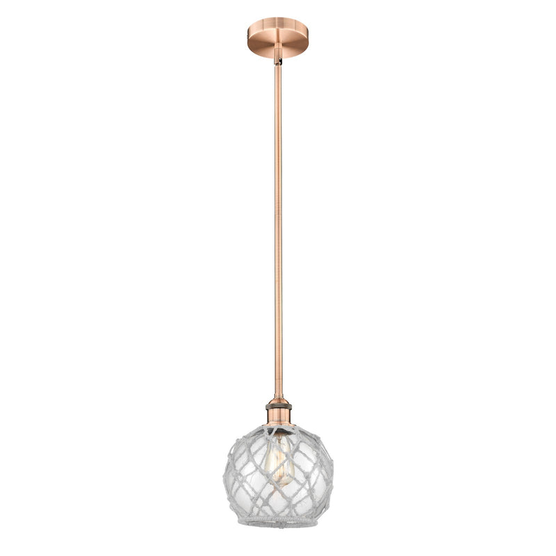 Innovations Farmhouse Rope 8in 1-Light Mini Pendant | Industrial Antique Copper Steel and Clear Glass with White Rope | Model 616-1S-AC-G122-8RW-LED