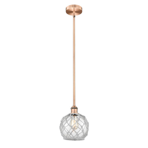 Innovations Farmhouse Rope 8in 1-Light Mini Pendant | Industrial Antique Copper Steel and Clear Glass with White Rope | Model 616-1S-AC-G122-8RW-LED