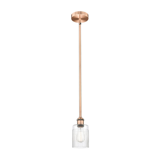Innovations Hadley 4.5in 1-Light Mini Pendant | Art Nouveau Antique Copper Steel and Clear Ribbed Glass | Kitchen Island & | Model 616-1S-AC-G342-LED