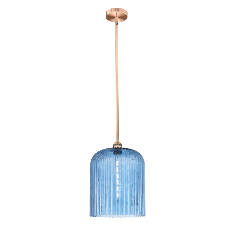 Innovations Bridal Veil 5in 1-Light Mini Pendant | Art Nouveau Antique Copper Steel and Princess Blue Ribbed Glass | Kitchen | Model 616-1S-AC-G559-12BL