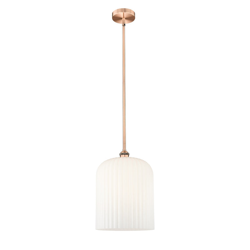 Innovations Bridal Veil 5in 1-Light Mini Pendant | Art Nouveau Antique Copper and Gloss White Ribbed Glass | Kitchen Island & | Model 616-1S-AC-G559-12GWH