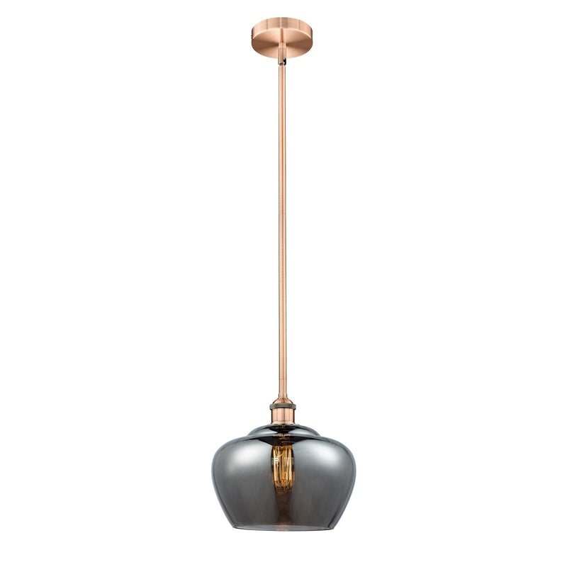 Innovations Fenton 11in 1-Light Mini Pendant | Industrial Antique Copper and Light Smoke Ribbed Glass | Kitchen Island | 11 x | Model 616-1S-AC-G93-L-LED