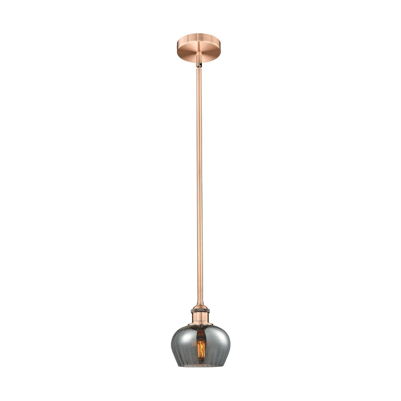 Innovations Fenton 7in 1-Light Mini Pendant | Industrial Antique Copper Steel and Light Smoke Ribbed Glass | Kitchen Island & | Model 616-1S-AC-G93-LED