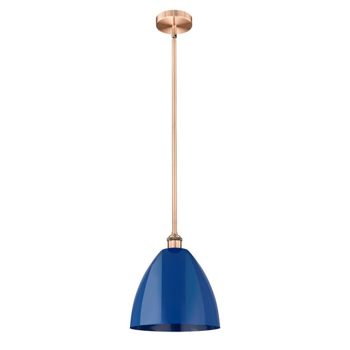 Innovations Plymouth 12in 1-Light Mini Pendant | Industrial Farmhouse Antique Copper Steel and Matte Blue Metal Shade | Model 616-1S-AC-MBD-12-BL-LED