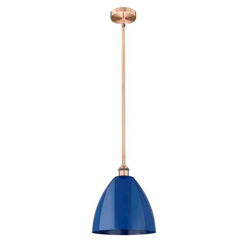 Innovations Plymouth 12in 1-Light Mini Pendant | Industrial Farmhouse Antique Copper Steel and Matte Blue Metal Shade | Model 616-1S-AC-MBD-12-BL-LED