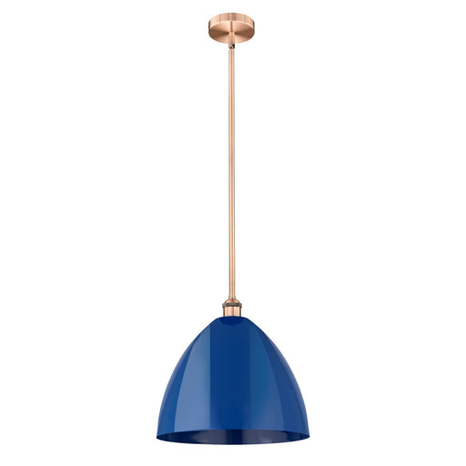 Innovations Plymouth 16in 1-Light Mini Pendant | Industrial Antique Copper and Matte Blue Metal Shade | Kitchen Island & | Model 616-1S-AC-MBD-16-BL