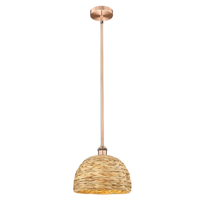 Innovations Woven Rattan 12in 1-Light Mini Pendant | Industrial Antique Copper Steel and Natural Rattan | Kitchen Island & | Model 616-1S-AC-RBD-12-NAT