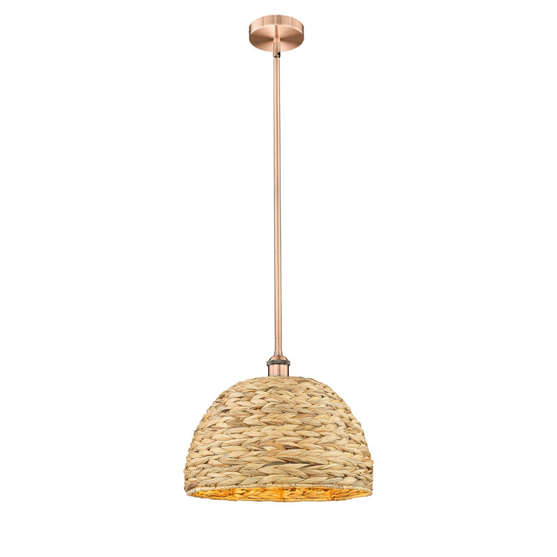 Innovations Edison 16in 1-Light Mini Pendant | Industrial Antique Copper and Natural Rattan | Kitchen Island & Dining Room | Model 616-1S-AC-RBD-16-NAT