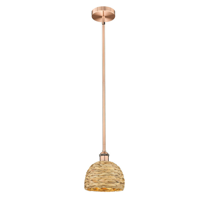 Innovations Woven Rattan 8in 1-Light Mini Pendant | Rustic Antique Copper Steel and Natural Woven Rattan | Kitchen Island & | Model 616-1S-AC-RBD-8-NAT