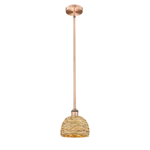 Innovations Woven Rattan 8in 1-Light Mini Pendant | Rustic Antique Copper Steel and Natural Woven Rattan | Kitchen Island & | Model 616-1S-AC-RBD-8-NAT