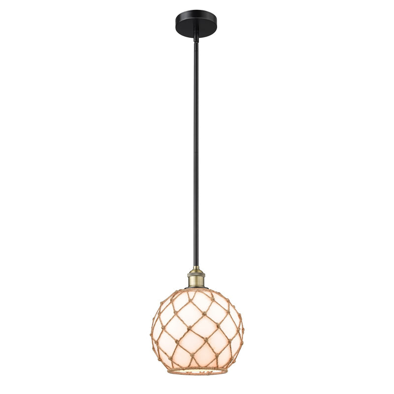 Innovations Farmhouse Rope 10in 1-Light Mini Pendant | Industrial Black Antique Brass Steel and Matte White Glass with Rope | Model 616-1S-BAB-G121-10RB