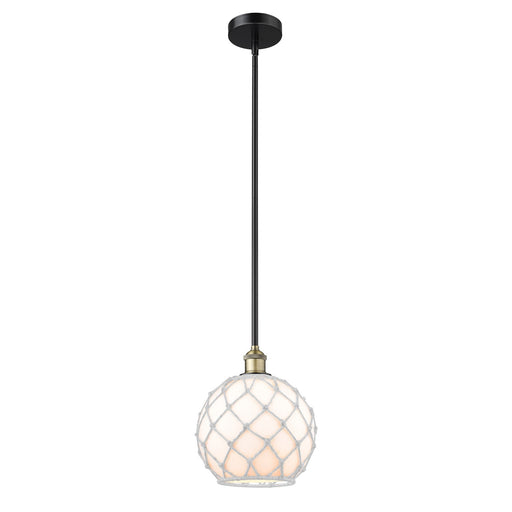 Innovations Farmhouse Rope 10in 1-Light Mini Pendant | Industrial Black Antique Brass Steel and White Glass with White Rope | Model 616-1S-BAB-G121-10RW