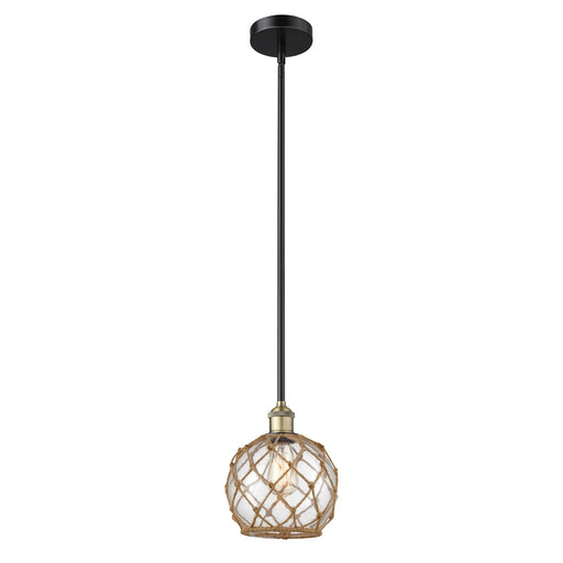Innovations Farmhouse Rope 8in 1-Light Mini Pendant | Industrial Black Antique Brass and Clear Glass with Brown Rope | Kitchen | Model 616-1S-BAB-G122-8RB