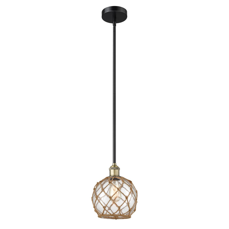 Innovations Farmhouse Rope 8in 1-Light Mini Pendant | Industrial Black Antique Brass and Clear Glass with Brown Rope | Kitchen | Model 616-1S-BAB-G122-8RB