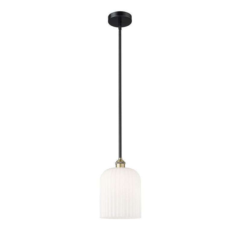 Innovations Bridal Veil 5in 1-Light Mini Pendant | Industrial Black Antique Brass and Gloss White Ribbed Glass | Kitchen | Model 616-1S-BAB-G559-8GWH