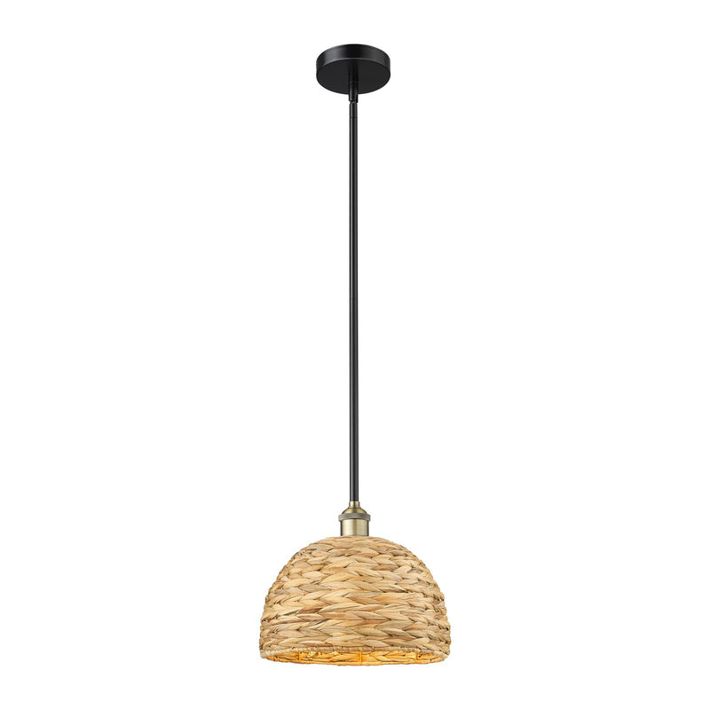 Innovations Woven Rattan 12in 1-Light Mini Pendant | Industrial Black Antique Brass and Natural Fiber | Kitchen Island & | Model 616-1S-BAB-RBD-12-NAT