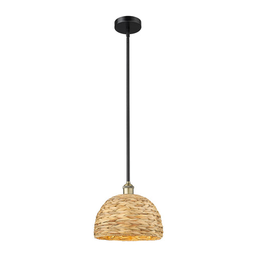 Innovations Woven Rattan 12in 1-Light Mini Pendant | Industrial Black Antique Brass and Natural Fiber | Kitchen Island & | Model 616-1S-BAB-RBD-12-NAT