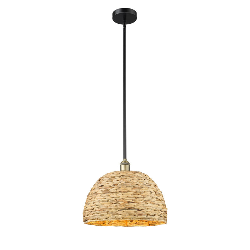 Innovations Woven Rattan 16in 1-Light Mini Pendant | Industrial Black Antique Brass and Natural Fiber Dome Shade | Kitchen | Model 616-1S-BAB-RBD-16-NAT