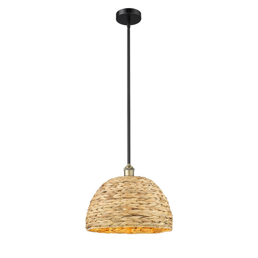 Innovations Woven Rattan 16in 1-Light Mini Pendant | Industrial Black Antique Brass and Natural Fiber Dome Shade | Kitchen | Model 616-1S-BAB-RBD-16-NAT