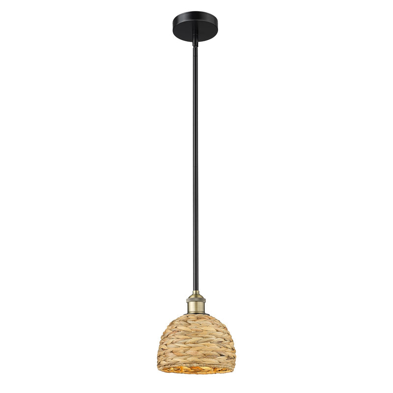 Innovations Woven Rattan 8in 1-Light Mini Pendant | Rustic Black Antique Brass and Natural Woven Rattan | Kitchen Island & | Model 616-1S-BAB-RBD-8-NAT