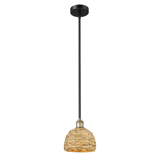 Innovations Woven Rattan 8in 1-Light Mini Pendant | Rustic Black Antique Brass and Natural Woven Rattan | Kitchen Island & | Model 616-1S-BAB-RBD-8-NAT