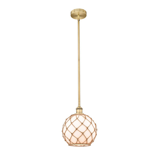 Innovations Farmhouse Rope 10in 1-Light Mini Pendant | Industrial Brushed Brass and Matte White Glass with Brown Rope | Model 616-1S-BB-G121-10RB