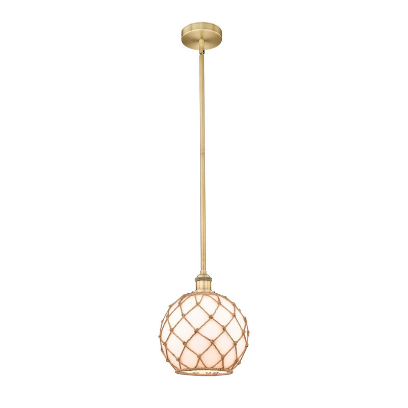 Innovations Farmhouse Rope 10in 1-Light Mini Pendant | Industrial Brushed Brass Steel and White Glass with Brown Rope | Model 616-1S-BB-G121-10RB-LED