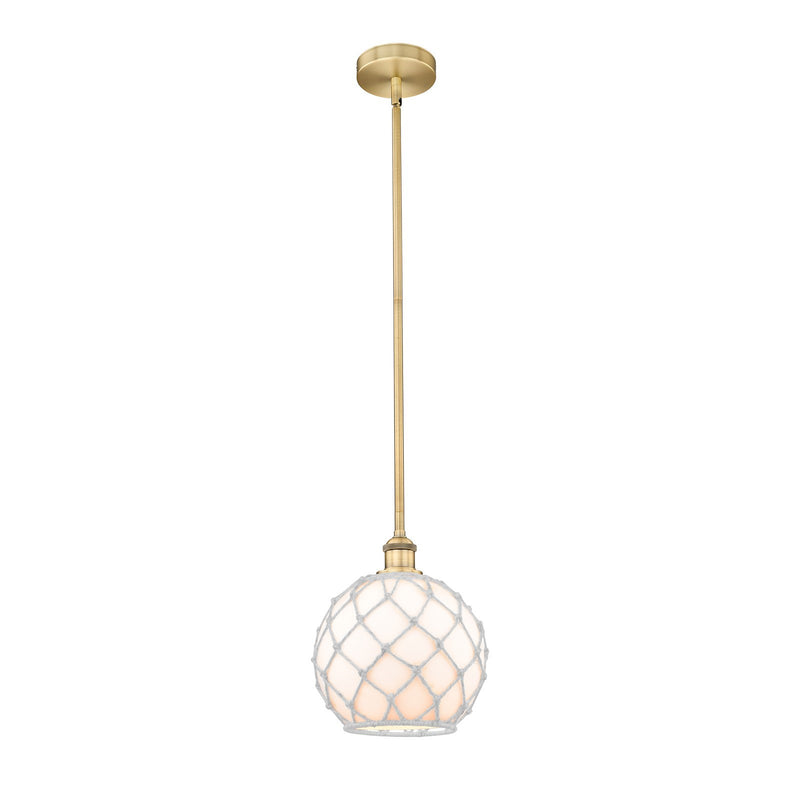 Innovations Farmhouse Rope 10in 1-Light Mini Pendant | Industrial Brushed Brass and White Glass with Rope Shade | Kitchen | Model 616-1S-BB-G121-10RW