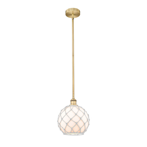Innovations Farmhouse Rope 10in 1-Light Mini Pendant | Industrial Brushed Brass Steel and White Glass with Rope | Kitchen | Model 616-1S-BB-G121-10RW-LED