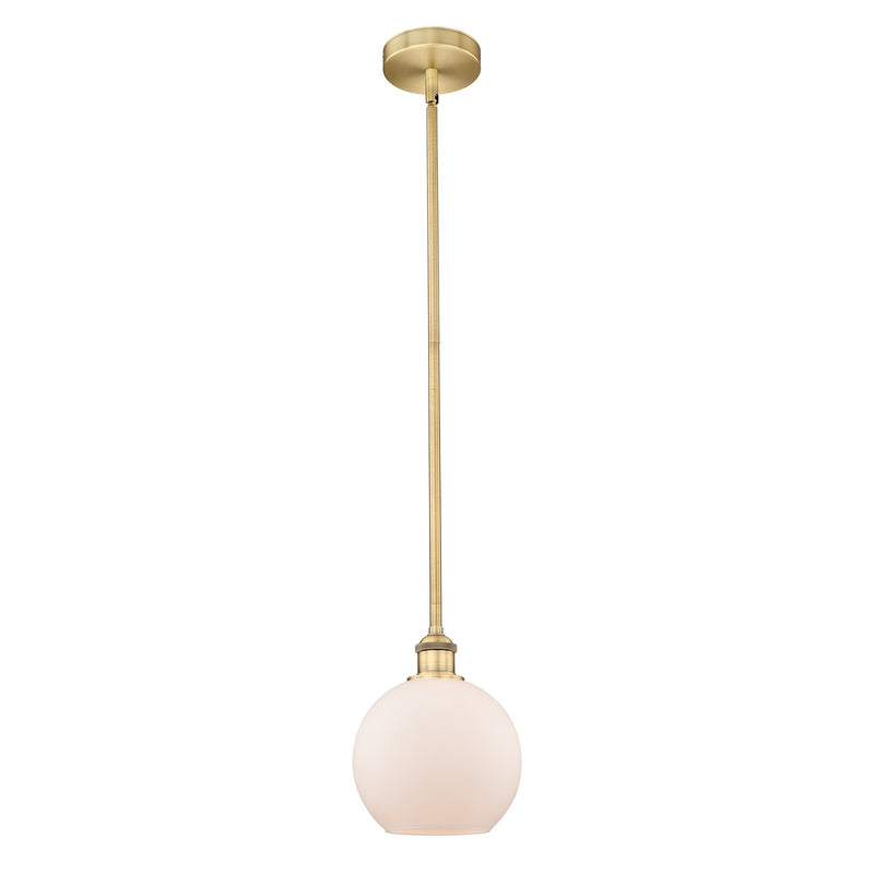 Innovations Athens 8in 1-Light Mini Pendant | Industrial Brushed Brass Steel and Matte White Frosted Glass | Kitchen Island & | Model 616-1S-BB-G121-8-LED