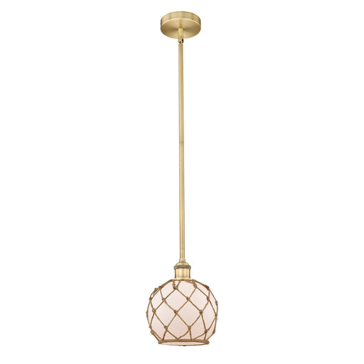 Innovations Farmhouse Rope 8in 1-Light Mini Pendant | Industrial Brushed Brass and White Frosted Glass with Brown Rope | Model 616-1S-BB-G121-8RB