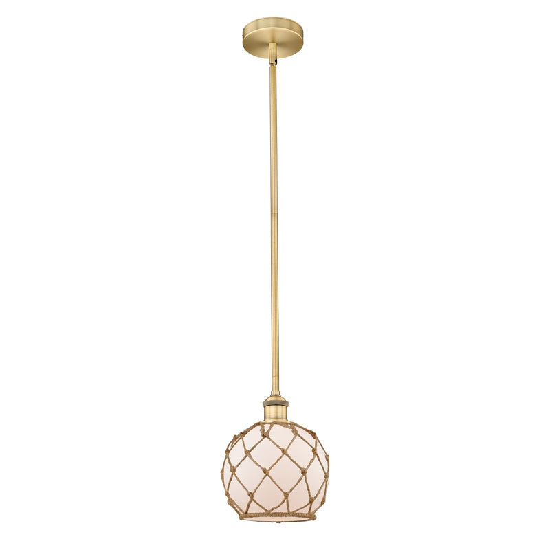 Innovations Farmhouse Rope 8in 1-Light Mini Pendant | Industrial Brushed Brass and White Glass with Brown Rope | Kitchen | Model 616-1S-BB-G121-8RB-LED