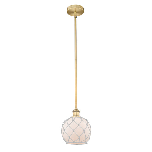Innovations Farmhouse Rope 8in 1-Light Mini Pendant | Industrial Brushed Brass Steel and White Frosted Glass with Rope | Model 616-1S-BB-G121-8RW-LED