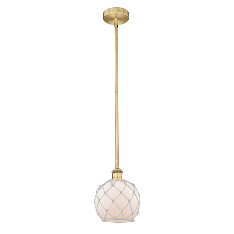 Innovations Farmhouse Rope 8in 1-Light Mini Pendant | Industrial Brushed Brass Steel and White Frosted Glass with Rope | Model 616-1S-BB-G121-8RW-LED