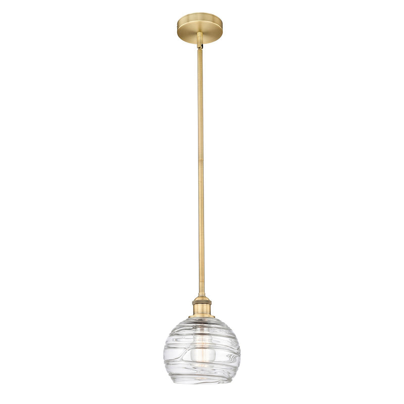 Innovations Athens Deco Swirl 8in 1-Light Mini Pendant | Industrial Brushed Brass Steel and Clear Deco Swirl Glass | Kitchen | Model 616-1S-BB-G1213-8CL