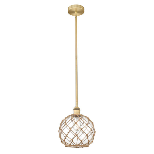 Innovations Farmhouse Rope 10in 1-Light Mini Pendant | Industrial Brushed Brass and Clear Glass with Brown Rope | Kitchen | Model 616-1S-BB-G122-10RB-LED