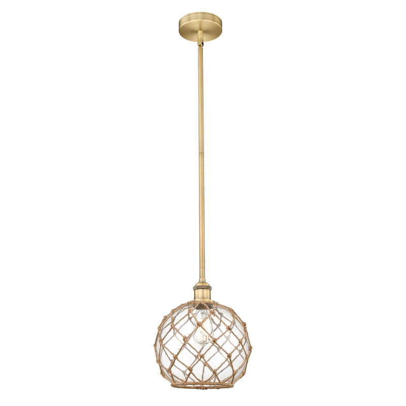 Innovations Farmhouse Rope 10in 1-Light Mini Pendant | Industrial Brushed Brass and Clear Glass with Brown Rope | Kitchen | Model 616-1S-BB-G122-10RB-LED