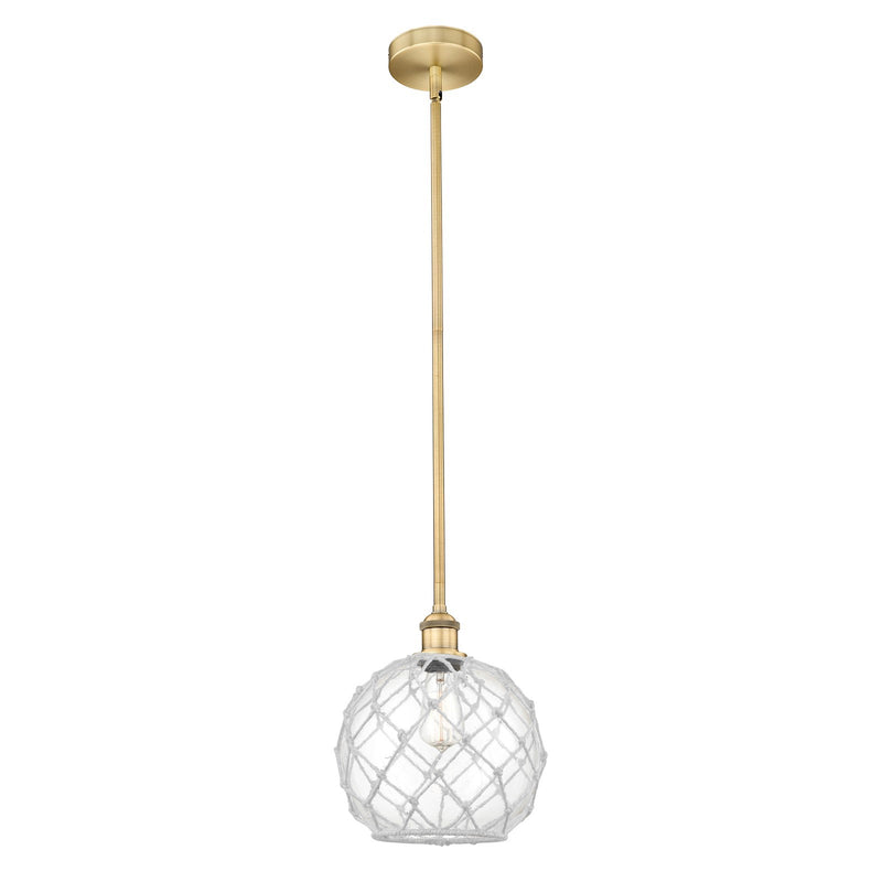 Innovations Farmhouse Rope 10in 1-Light Mini Pendant | Industrial Brushed Brass Steel and Clear Glass with White Rope | Model 616-1S-BB-G122-10RW