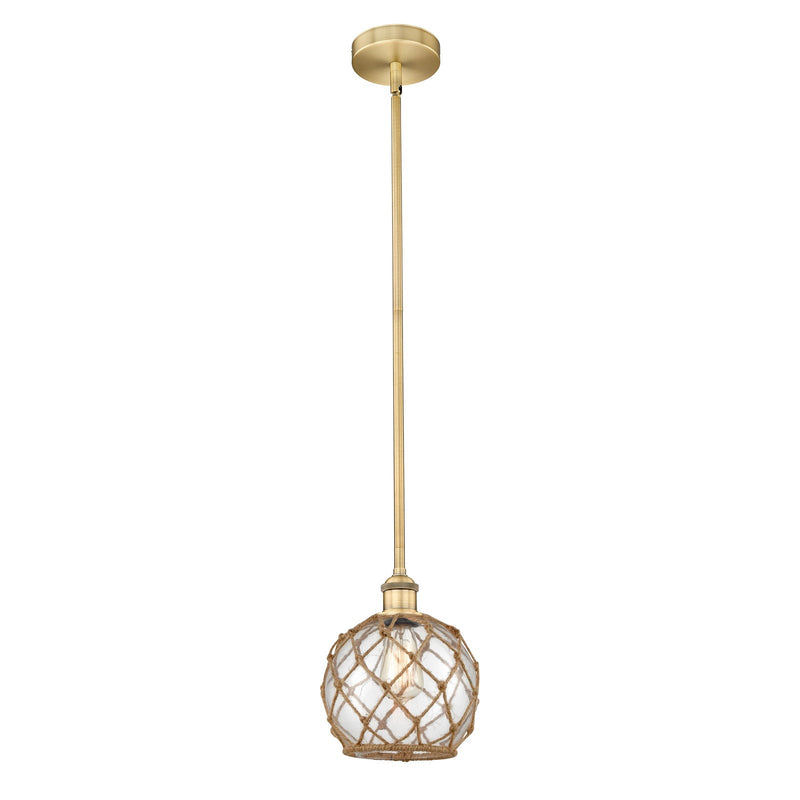 Innovations Farmhouse Rope 8in 1-Light Mini Pendant | Industrial Brushed Brass Steel and Clear Glass with Brown Rope | Kitchen | Model 616-1S-BB-G122-8RB