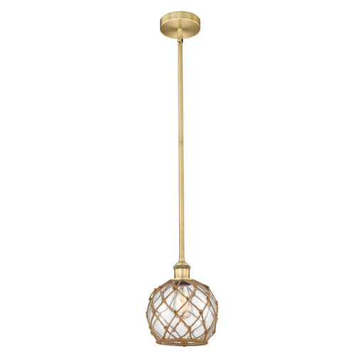 Innovations Farmhouse Rope 8in 1-Light Mini Pendant | Industrial Brushed Brass Steel and Clear Glass with Brown Rope | Kitchen | Model 616-1S-BB-G122-8RB