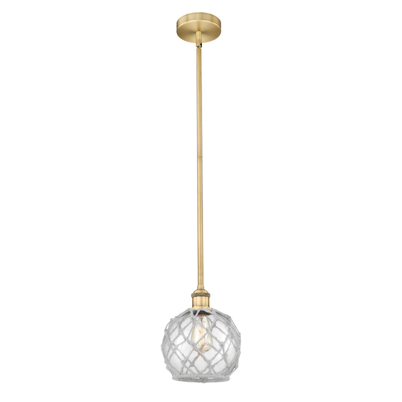 Innovations Farmhouse Rope 8in 1-Light Mini Pendant | Industrial Brushed Brass and Clear Glass with White Rope | Kitchen | Model 616-1S-BB-G122-8RW-LED