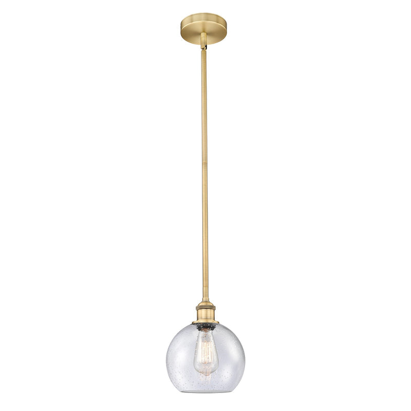 Innovations Athens 8in 1-Light Mini Pendant | Industrial Brushed Brass Steel and Seedy Glass | Kitchen Island & Dining Room | Model 616-1S-BB-G124-8-LED