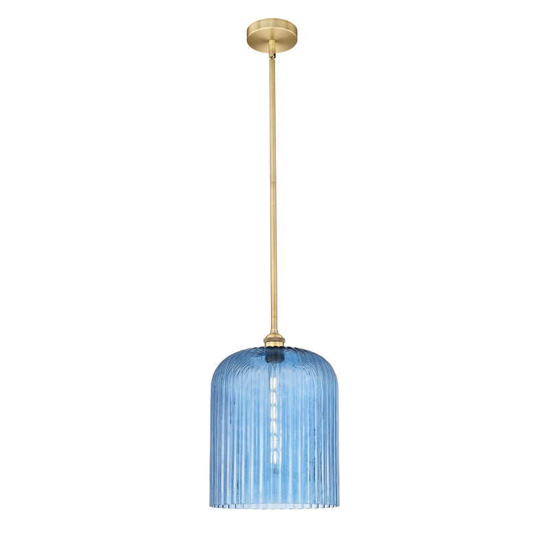 Innovations Bridal Veil 5in 1-Light Mini Pendant | Art Nouveau Brushed Brass and Princess Blue Ribbed Glass | Kitchen Island & | Model 616-1S-BB-G559-12BL