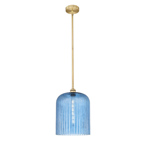 Innovations Bridal Veil 5in 1-Light Mini Pendant | Art Nouveau Brushed Brass and Princess Blue Ribbed Glass | Kitchen Island & | Model 616-1S-BB-G559-12BL