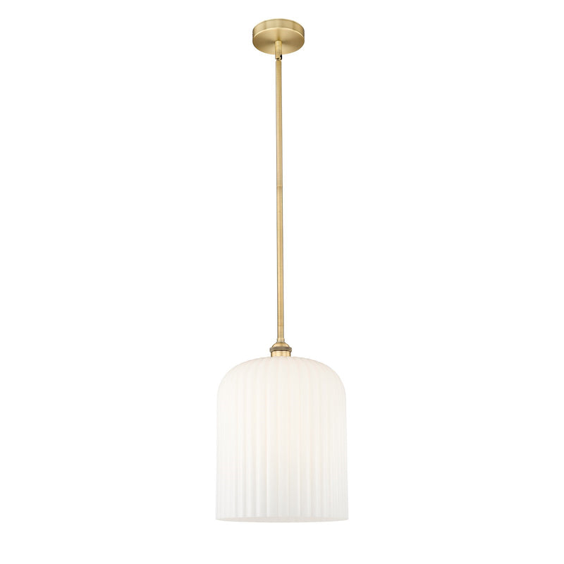 Innovations Bridal Veil 5in 1-Light Mini Pendant | Art Nouveau Brushed Brass and Gloss White Ribbed Glass | Kitchen Island & | Model 616-1S-BB-G559-12GWH