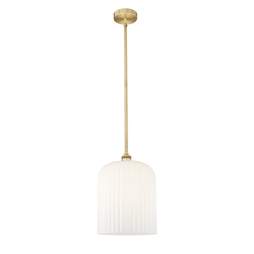 Innovations Bridal Veil 5in 1-Light Mini Pendant | Art Nouveau Brushed Brass and Gloss White Ribbed Glass | Kitchen Island & | Model 616-1S-BB-G559-12GWH
