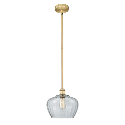 Innovations Fenton 11in 1-Light Mini Pendant | Industrial Brushed Brass Steel and Clear Ribbed Glass | Kitchen Island & Dining | Model 616-1S-BB-G92-L-LED