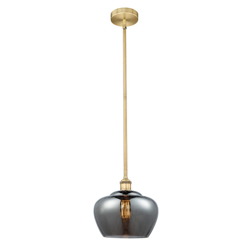 Innovations Fenton 11in 1-Light Mini Pendant | Industrial Brushed Brass and Light Smoke Ribbed Glass | Kitchen Island & Dining | Model 616-1S-BB-G93-L-LED