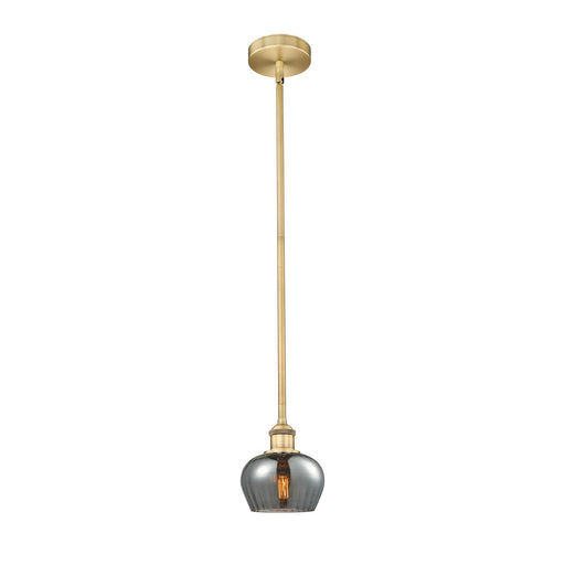 Innovations Fenton 6.5in 1-Light Mini Pendant | Industrial Brushed Brass and Light Smoke Ribbed Glass | Kitchen Island & Dining | Model 616-1S-BB-G93-LED